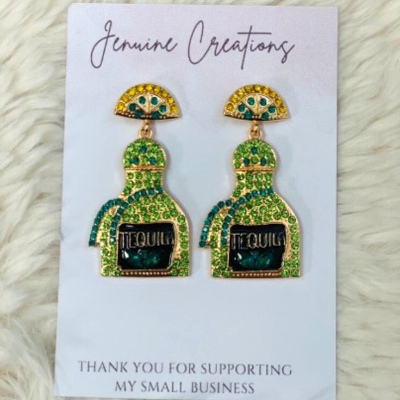 Green Tequilla Bottle Earrings, NYE Earrings, Party Earrings, Rhinestone - Picture 1 of 1